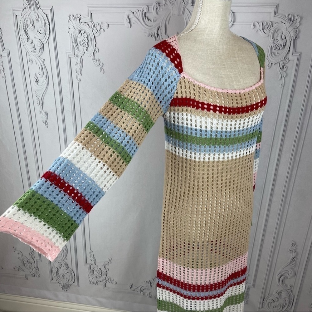Casual Bohemian Crochet Long Sleeves Color Block Swimsuit Coverup Midi Dress - Picture 3 of 7